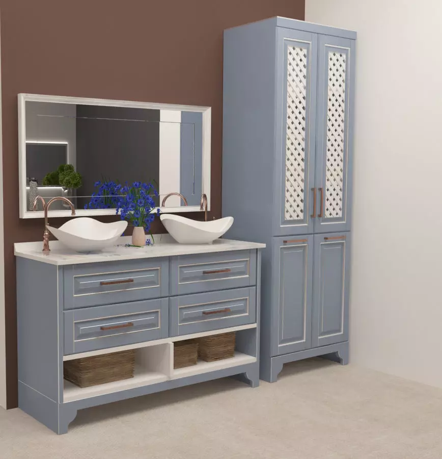 Bathroom vanity with two sinks and mirror 3D model_0