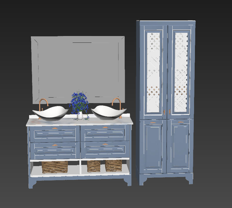 Bathroom vanity with two sinks and mirror 3D model_2