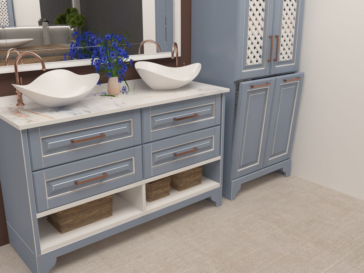 Bathroom vanity with two sinks and mirror 3D model_1