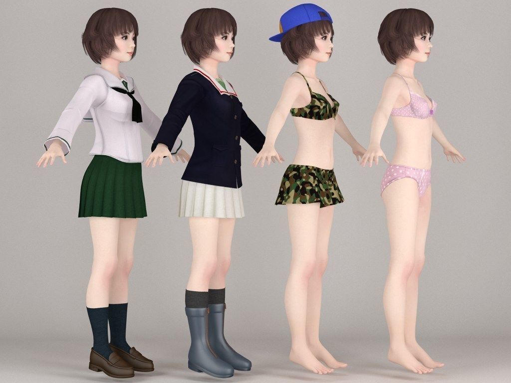 T pose rigged model of Yukari with various outfit 3D model_8