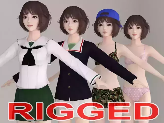 T pose rigged model of Yukari with various outfit 3D model