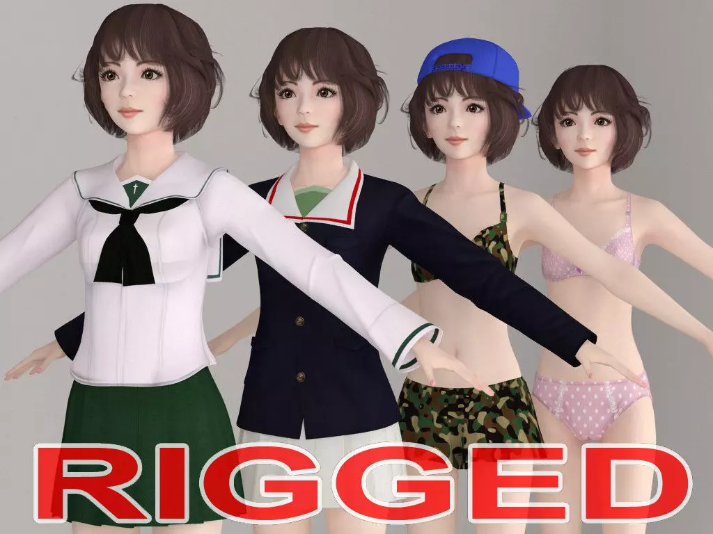 T pose rigged model of Yukari with various outfit 3D model_0