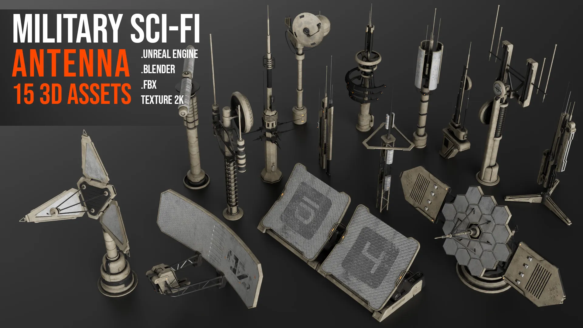 3D model Military Sci-Fi Antenna Pack 15 Futuristic Communication Props ...