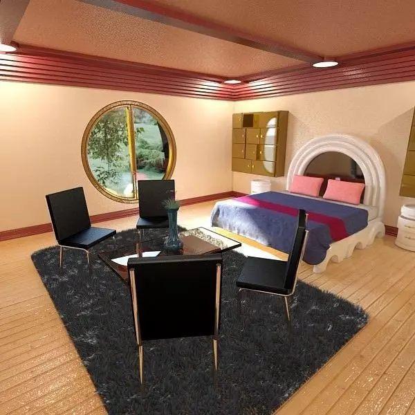 Bedroom with round window 3D model_0