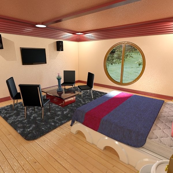 Bedroom with round window 3D model_2