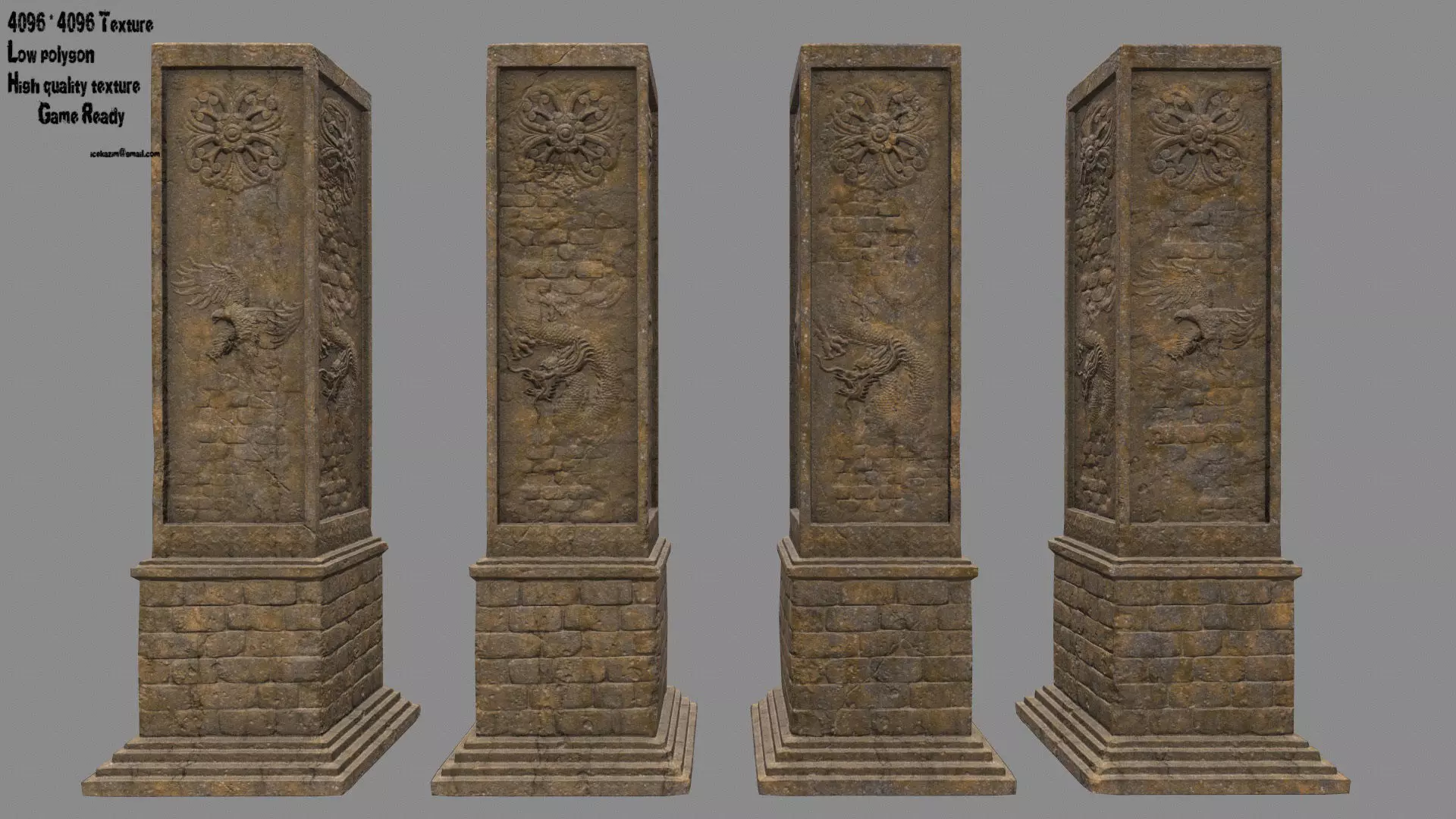 pillar 4 set of four wooden pillars Low-poly 3D model_0