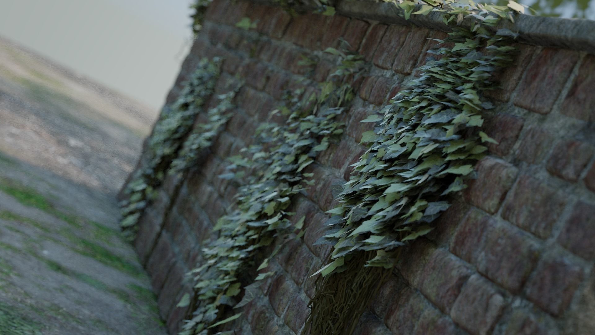Red brick wall with ivy 3D model_0