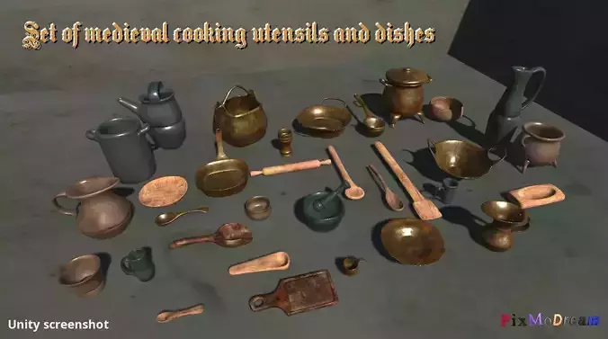 Set of medieval cooking utensils and dishes Low-poly 3D model