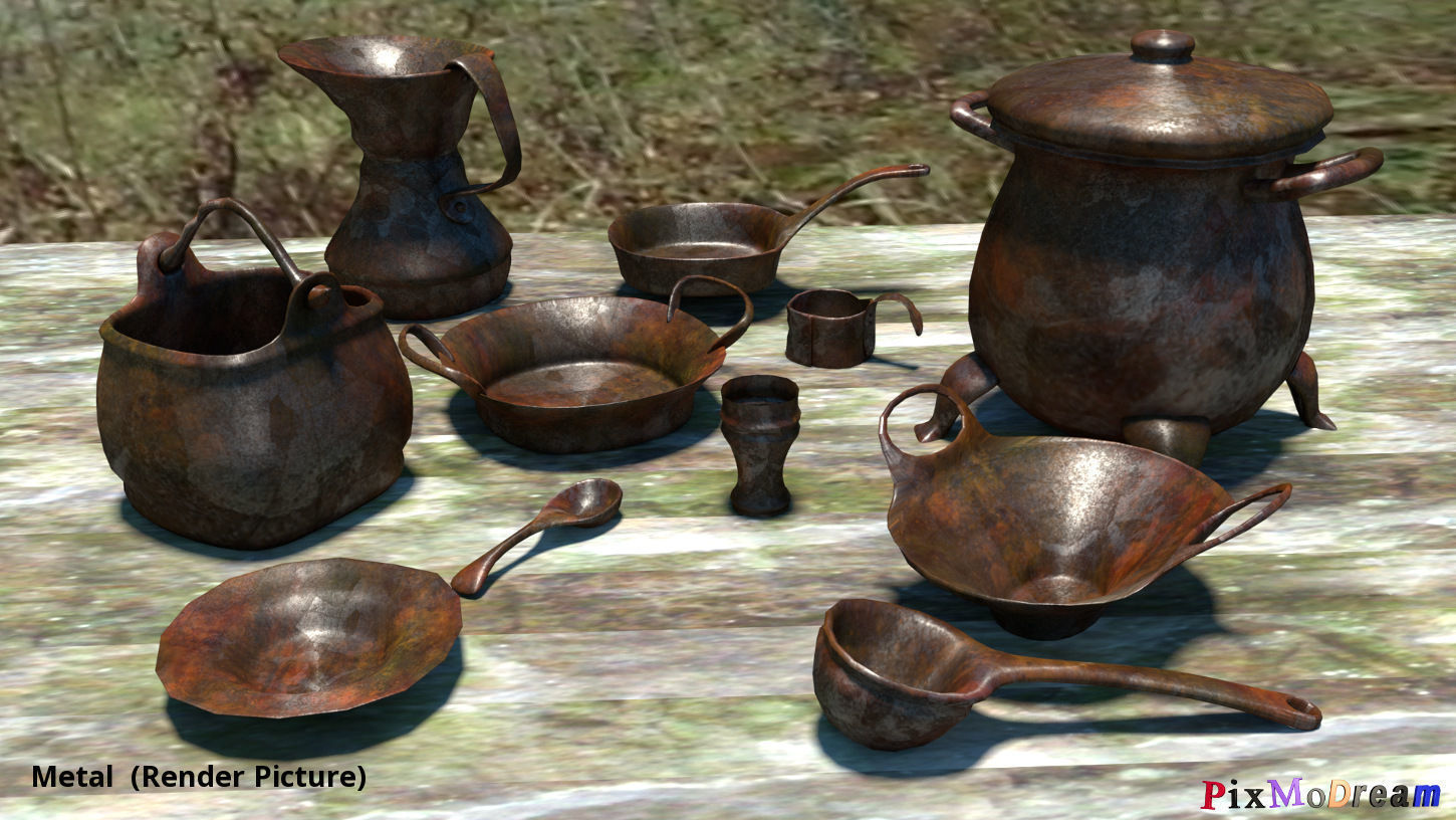 Set of medieval cooking utensils and dishes Low-poly 3D model_2