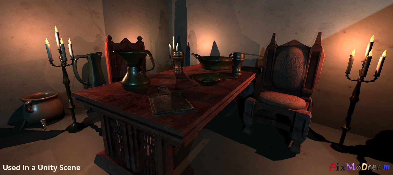 Set of medieval cooking utensils and dishes Low-poly 3D model_1