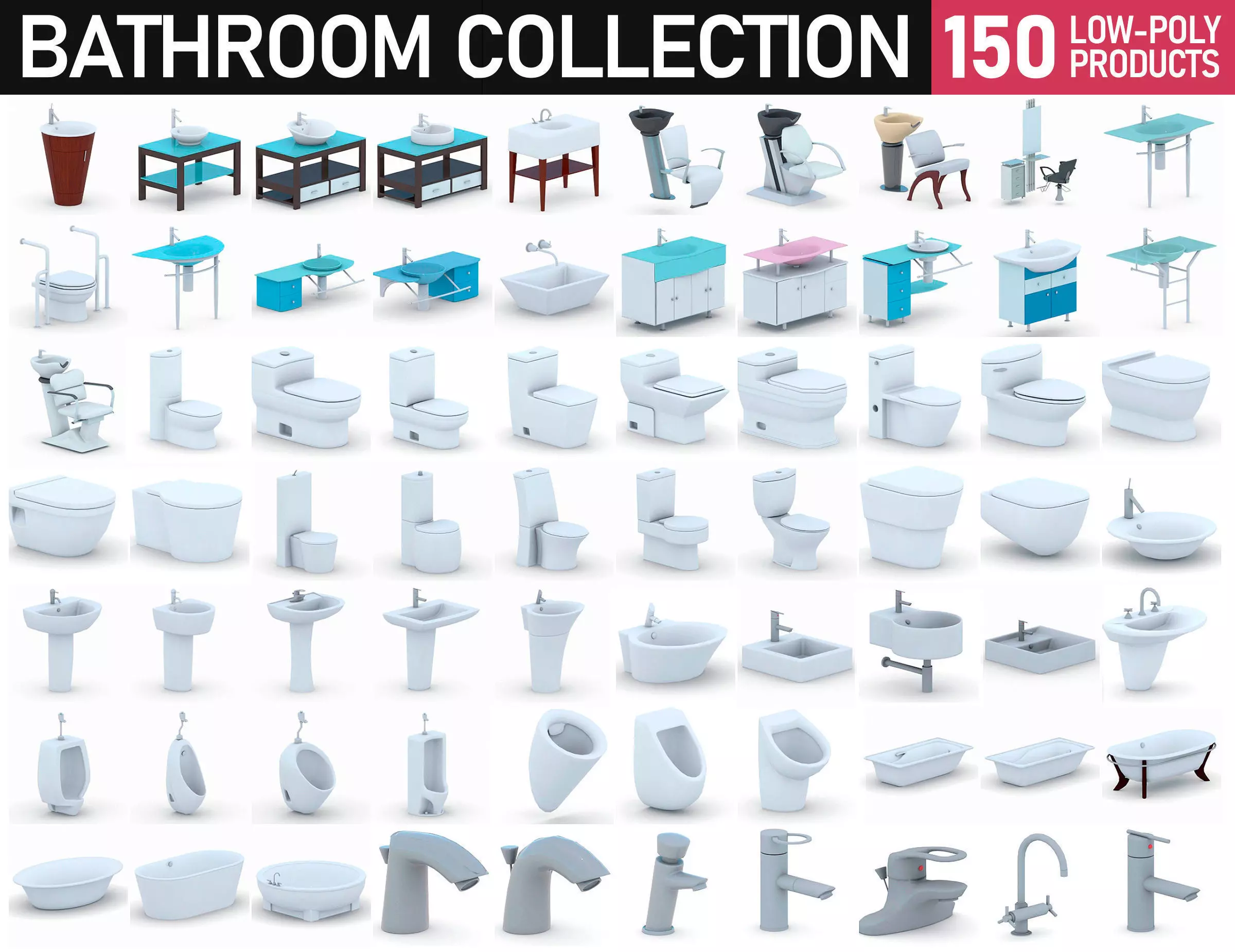 Bathroom Collection - 150 Products Low-poly 3D model_0