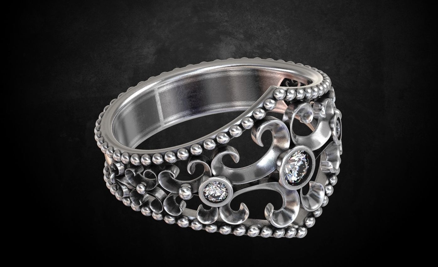 Ring with patterns and stones many size 181 3D print model_4