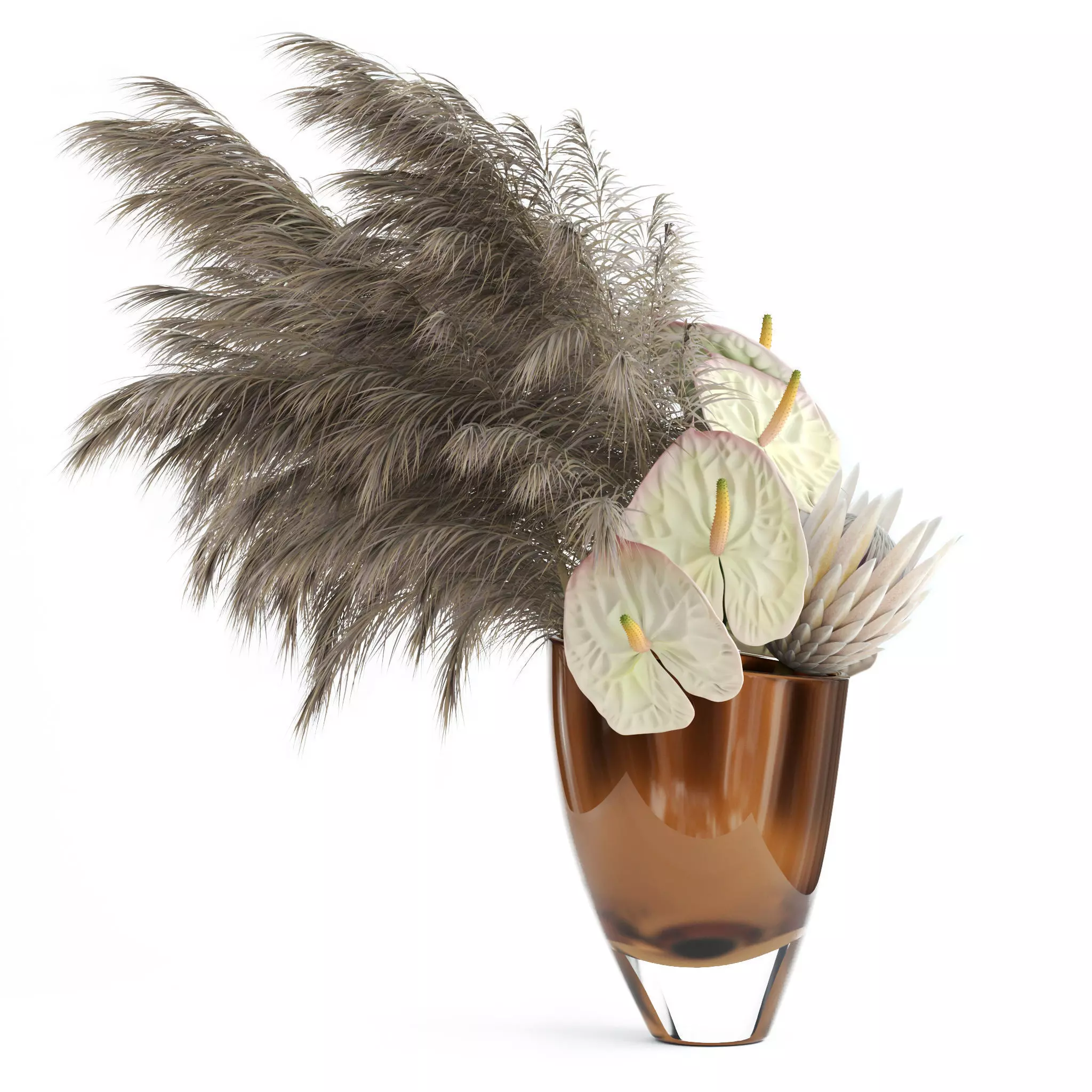 Anthuriums and Protea with Pampas grass 3D model_0