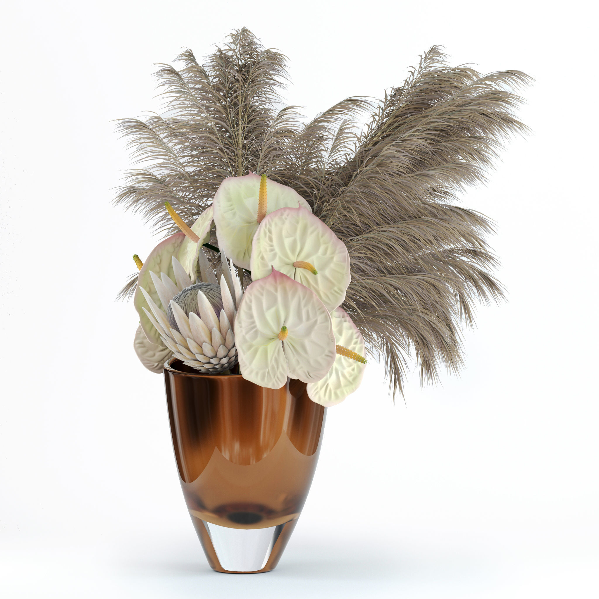 Anthuriums and Protea with Pampas grass 3D model_4