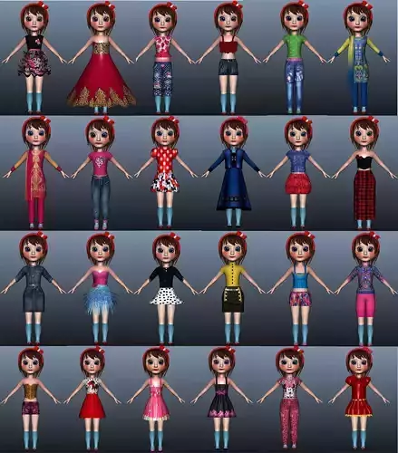 Low poly Girl model with 24 dresses