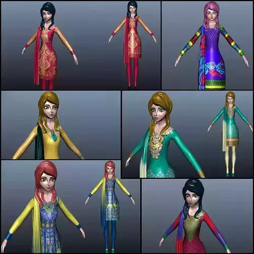 Low poly lady model with 6 dresses