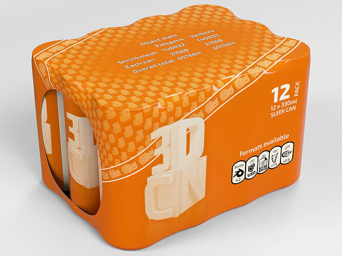 12 Shrinkwrapped 330ml Sleek beverage cans 3D model