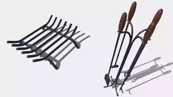 Low poly pbr fire place and fire utensils