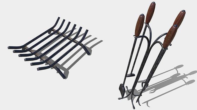 Low poly pbr fire place and fire utensils Low-poly 3D model
