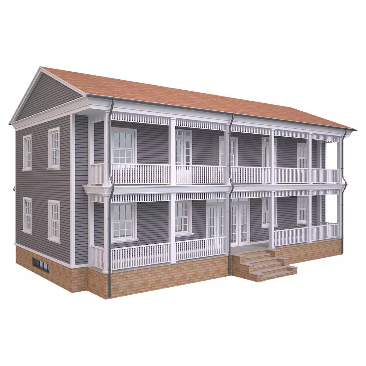 House 4 three story with balconies and porches Low-poly 3D model_0