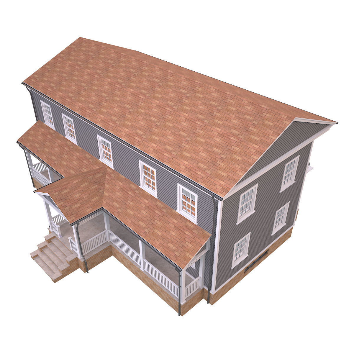 House 4 three story with balconies and porches Low-poly 3D model_4