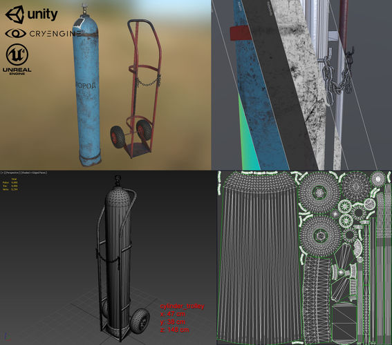 Industrial trolley with oxygen cylinder Low-poly 3D model