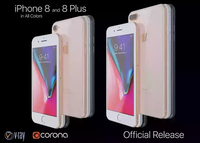 Apple iPhone 8 and 8 Plus Collection in All Color Official Low-poly 3D model
