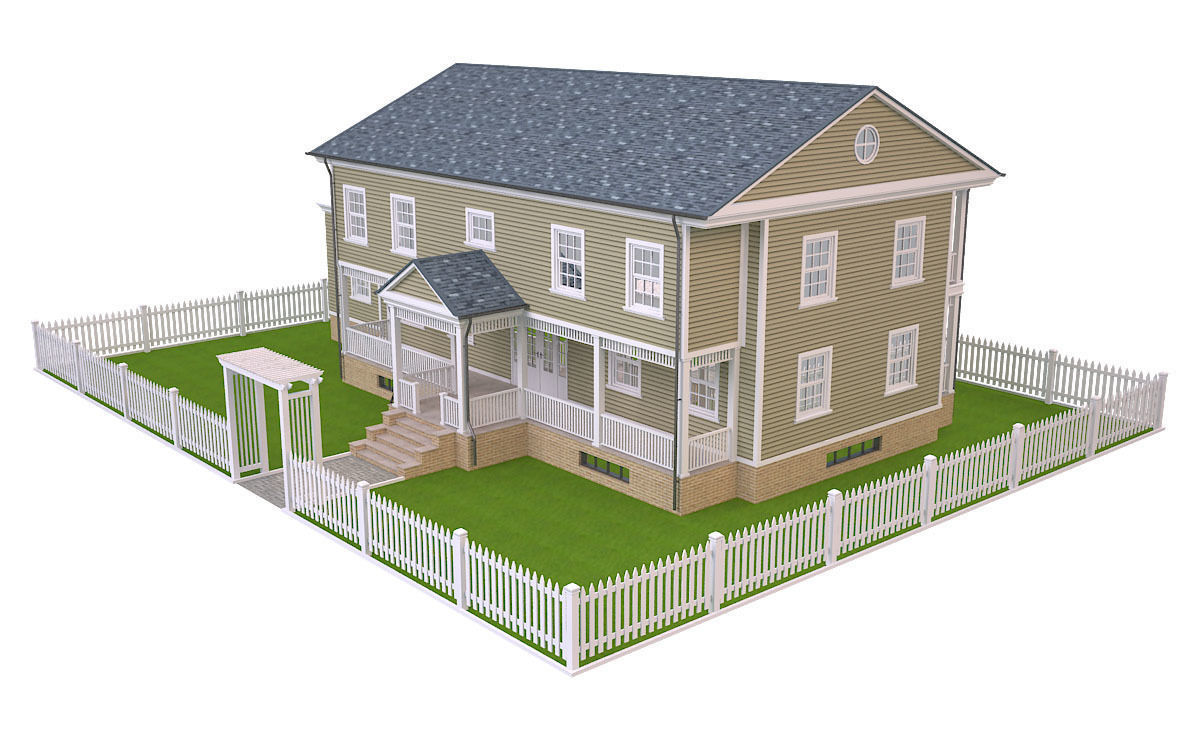 House 6 with picket fence Low-poly 3D model_1