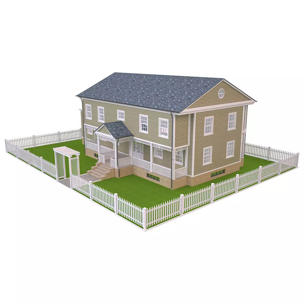 House 6 with picket fence Low-poly 3D model_0