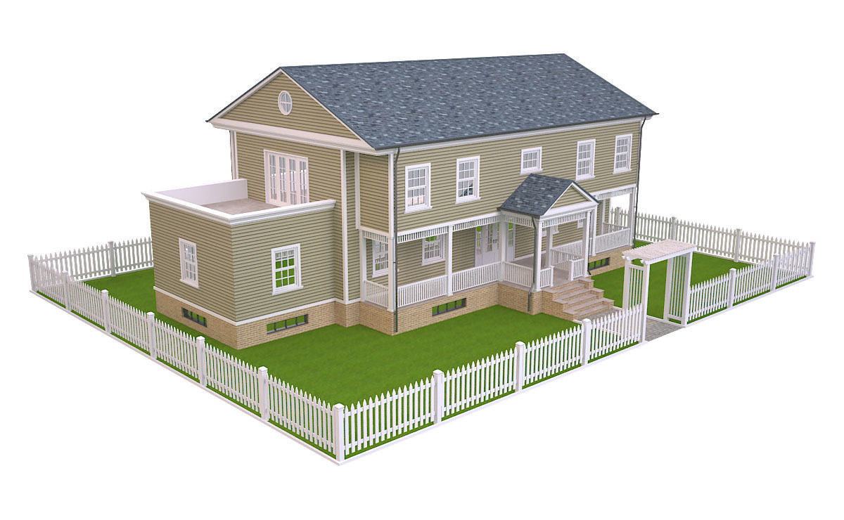 House 6 with picket fence Low-poly 3D model_2
