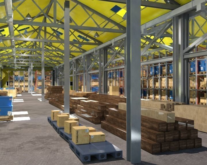 Warehouse interior and exterior whit props Free 3D model_0
