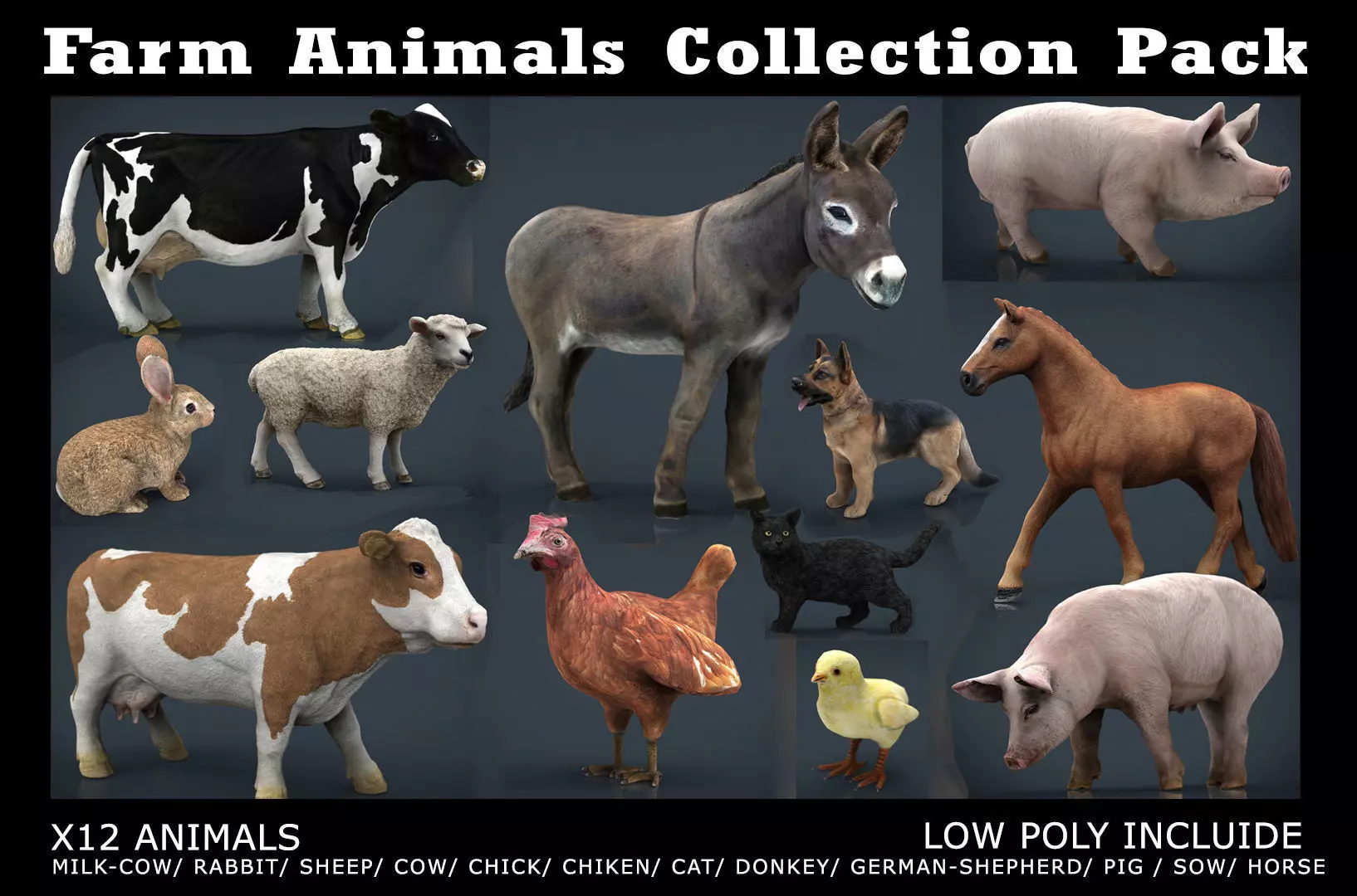 Farm Animals Collection Pack Low-poly 3D model_0
