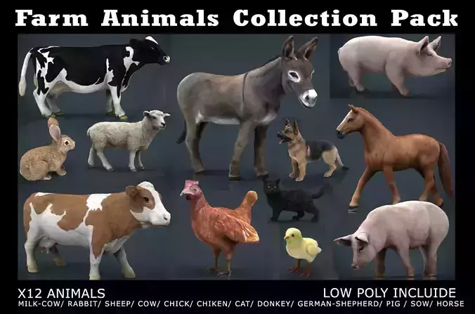 Farm Animals Collection Pack Low-poly 3D model