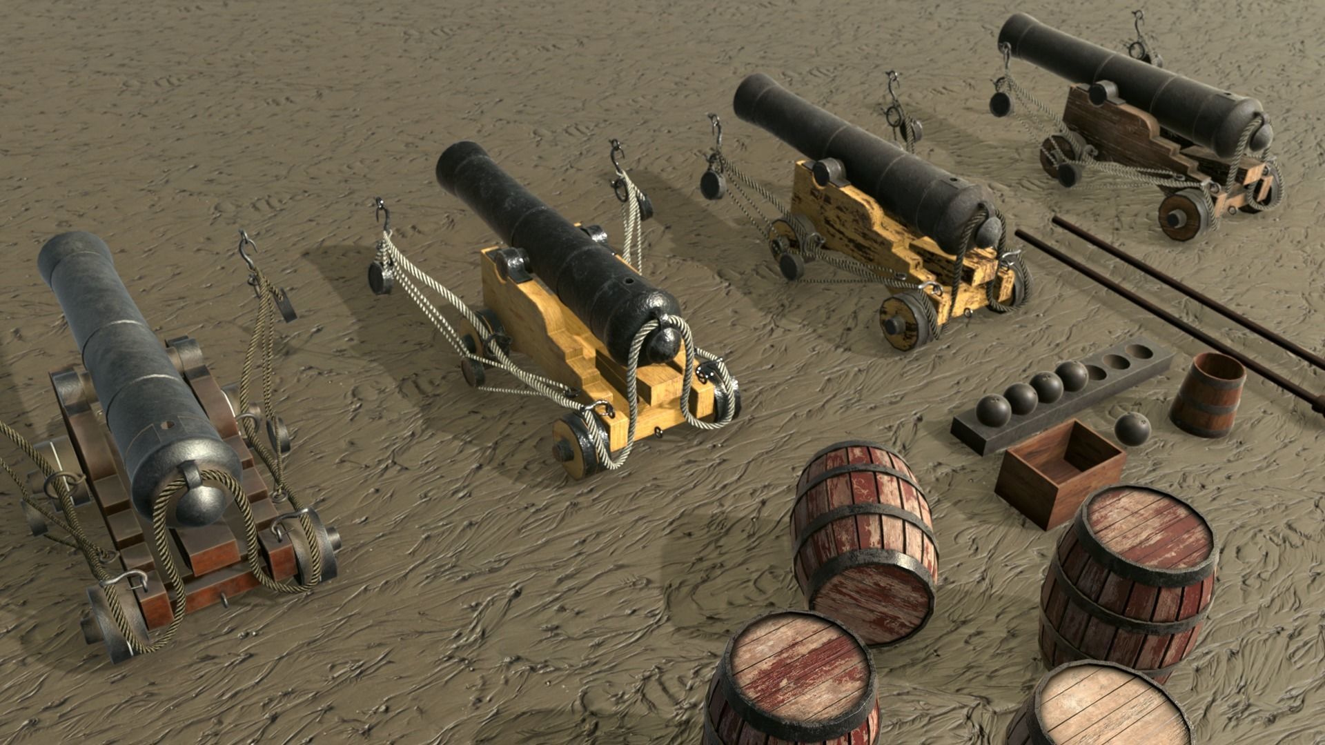 Low Poly PBR Game Ready Ship Cannon Low-poly 3D model_6