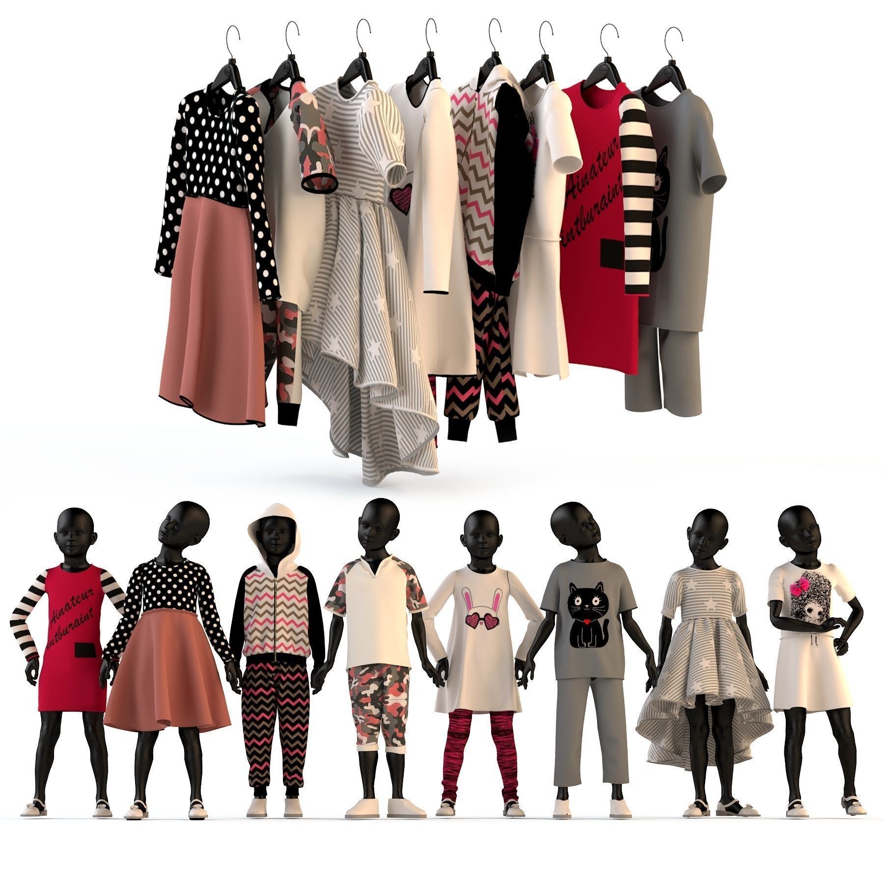 Childrens clothing on mannequins and hangers set 3D model CGTrader