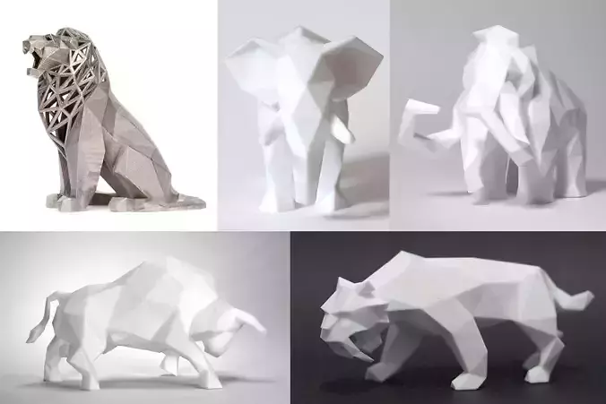 Low Poly Animals Collection lion sculpture made of wood 3D print model