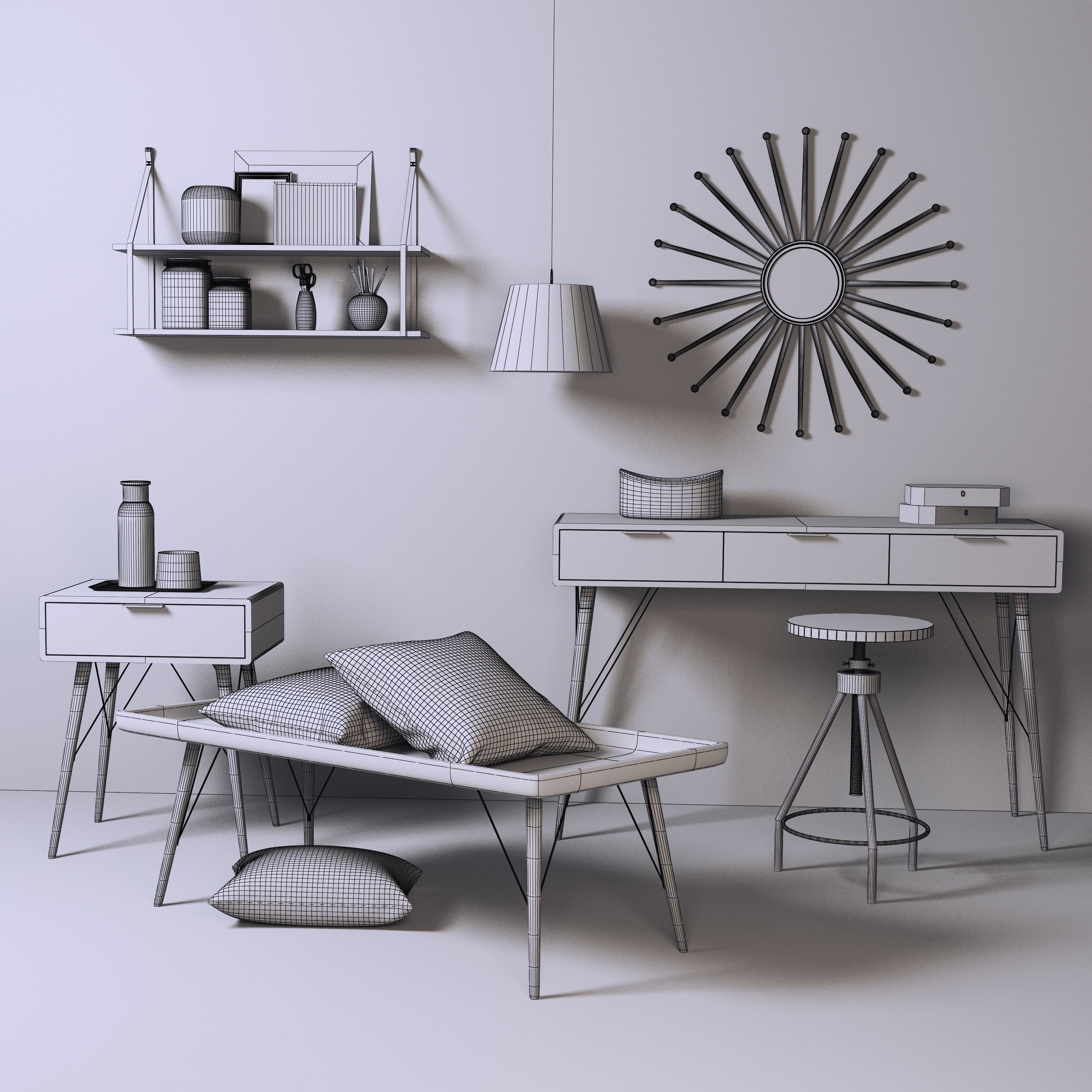 Loft 1 shelf with two shelves and lamp hanging on wall 3D model_1