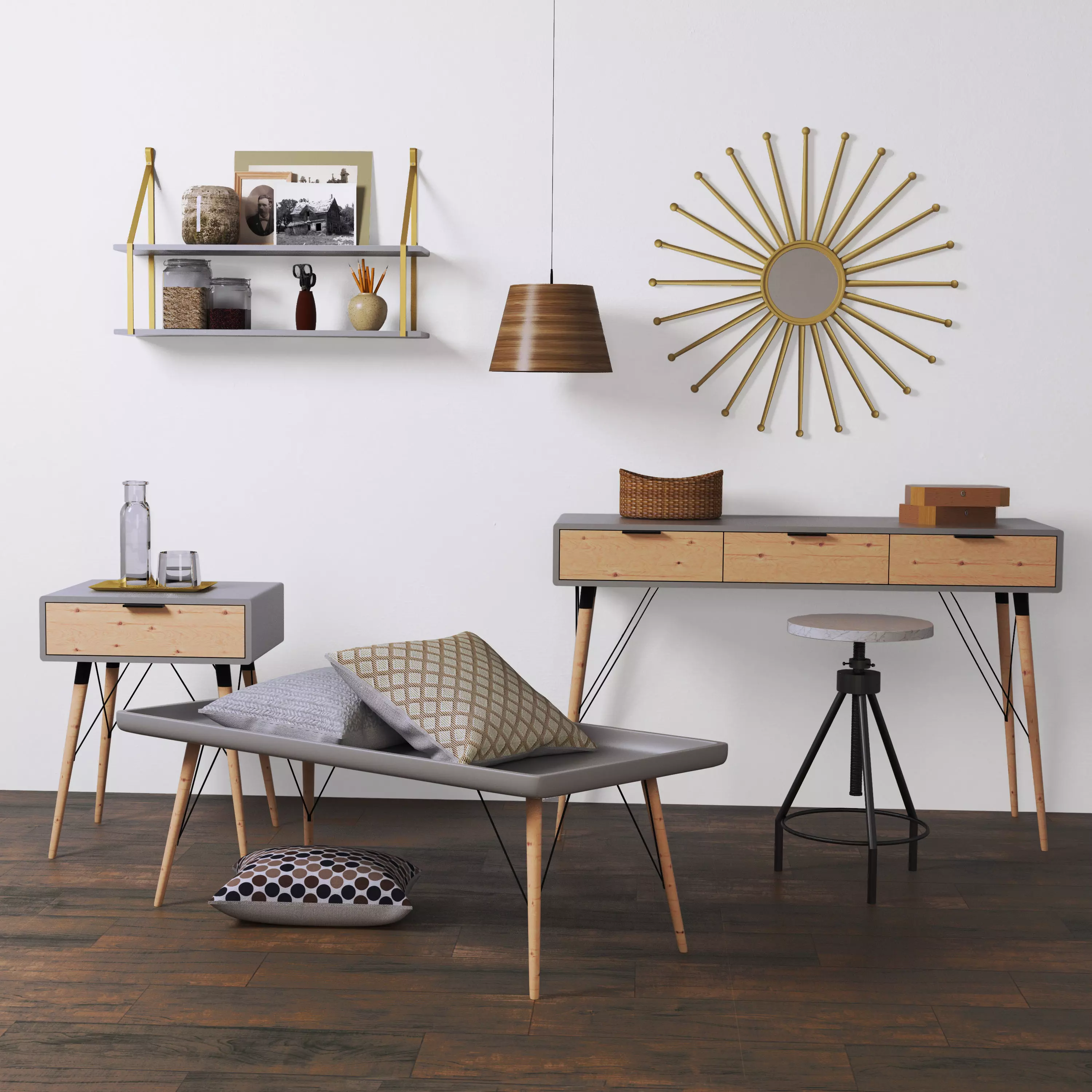 Loft 1 shelf with two shelves and lamp hanging on wall 3D model_0