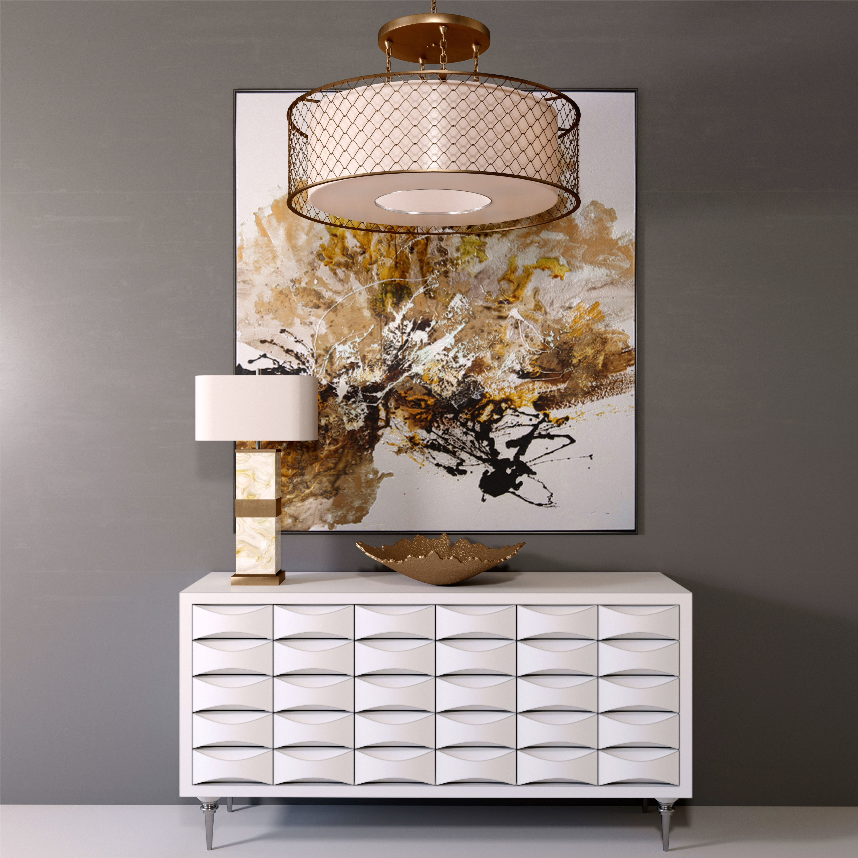 John-Richard modern dresser with gold pendant light 3D model_4