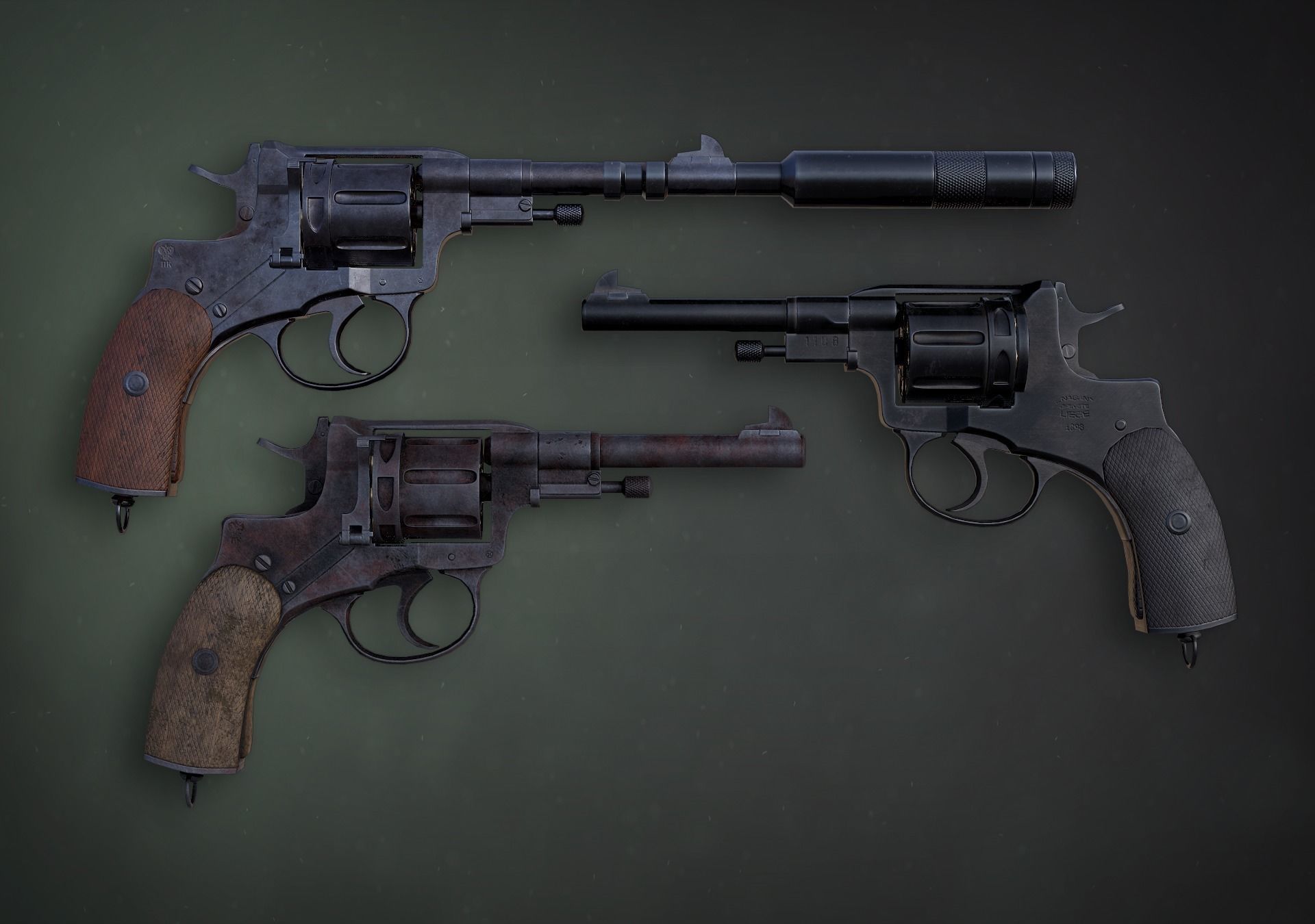 Lowpoly PBR Nagant Revolver With A Silencer Low-poly 3D model