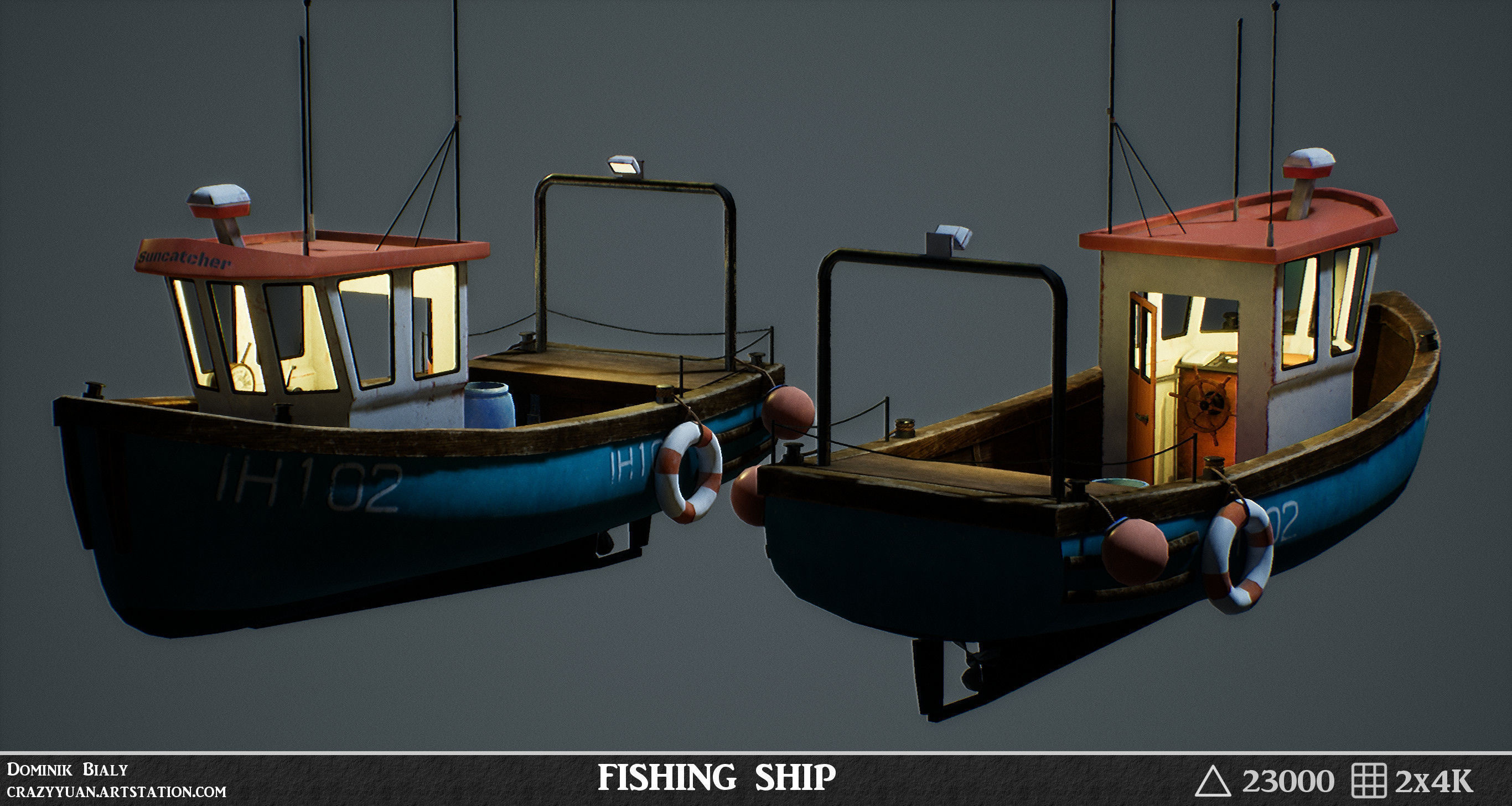 Fishing Ship with interior game-ready asset Free low-poly 3D model_2