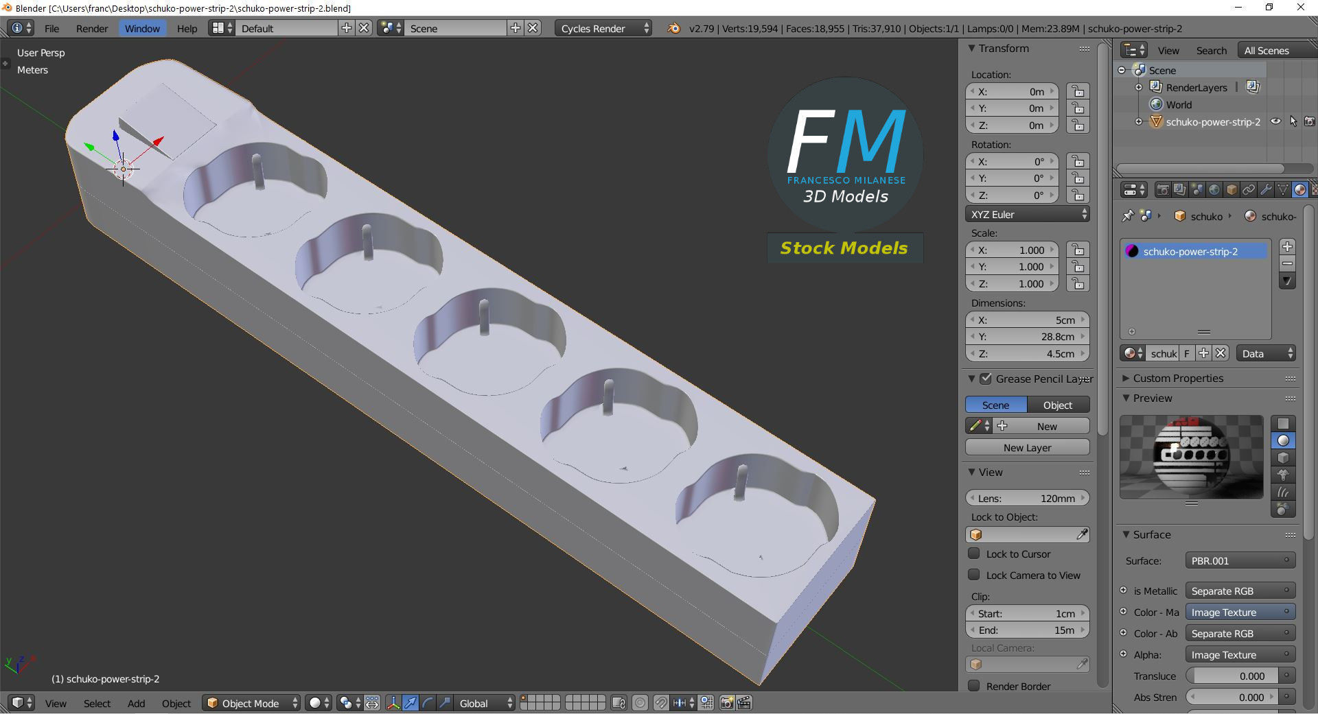 Schuko power strip 2 3D model_9