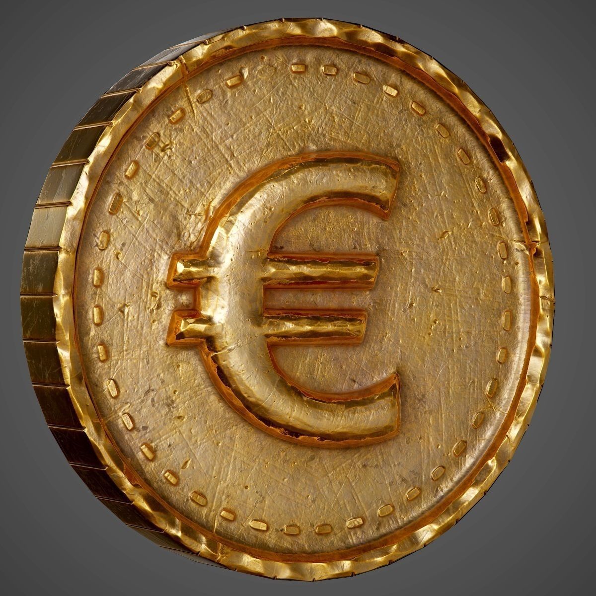 Old Coin with Euro sign - PBR Game-Ready Low-poly 3D model_6