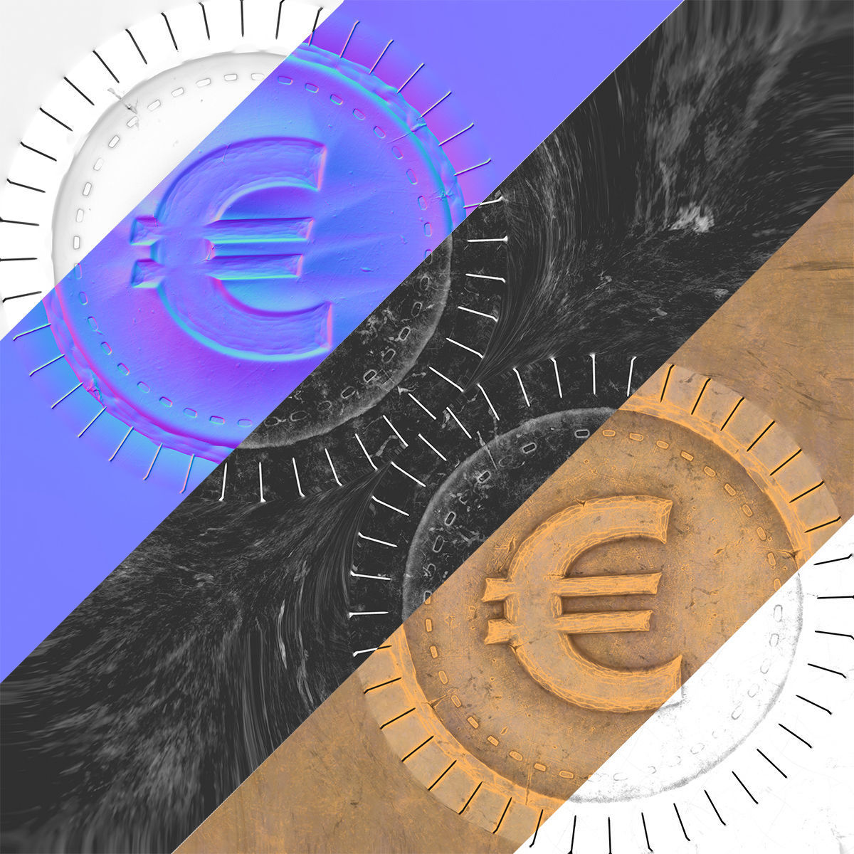 Old Coin with Euro sign - PBR Game-Ready Low-poly 3D model_2