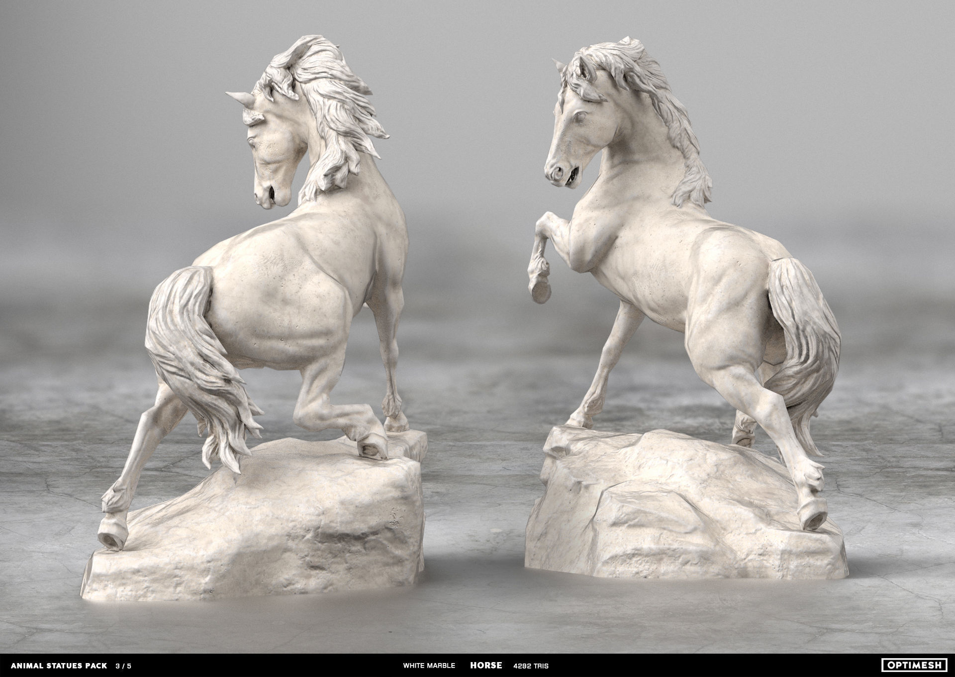 Animal Statues 3D PBR Pack lion puma rhino boar horse Low-poly 3D model_16