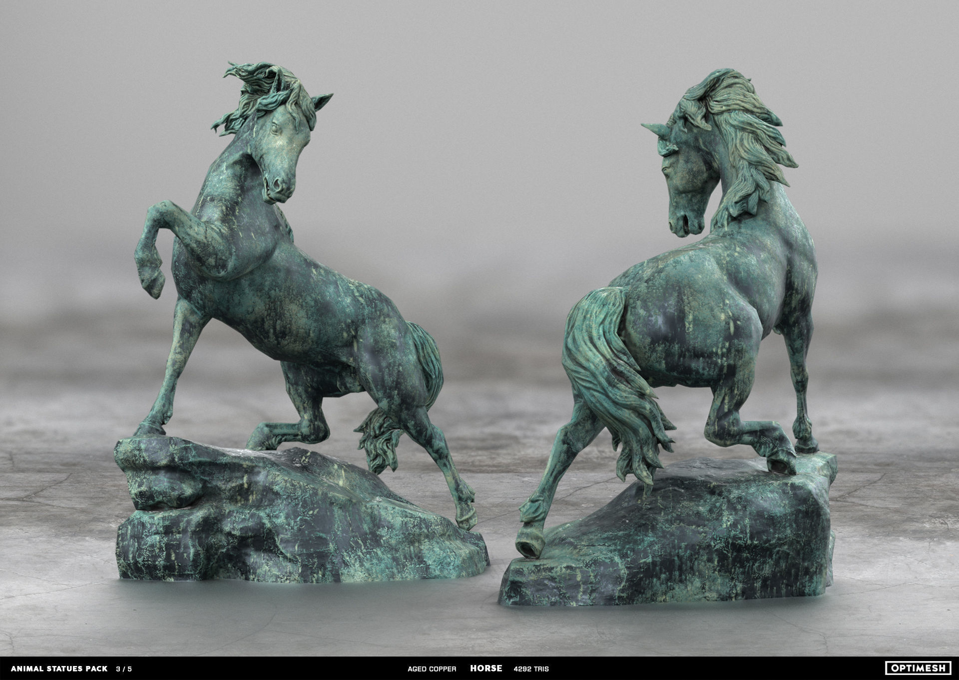 Animal Statues 3D PBR Pack lion puma rhino boar horse Low-poly 3D model_18