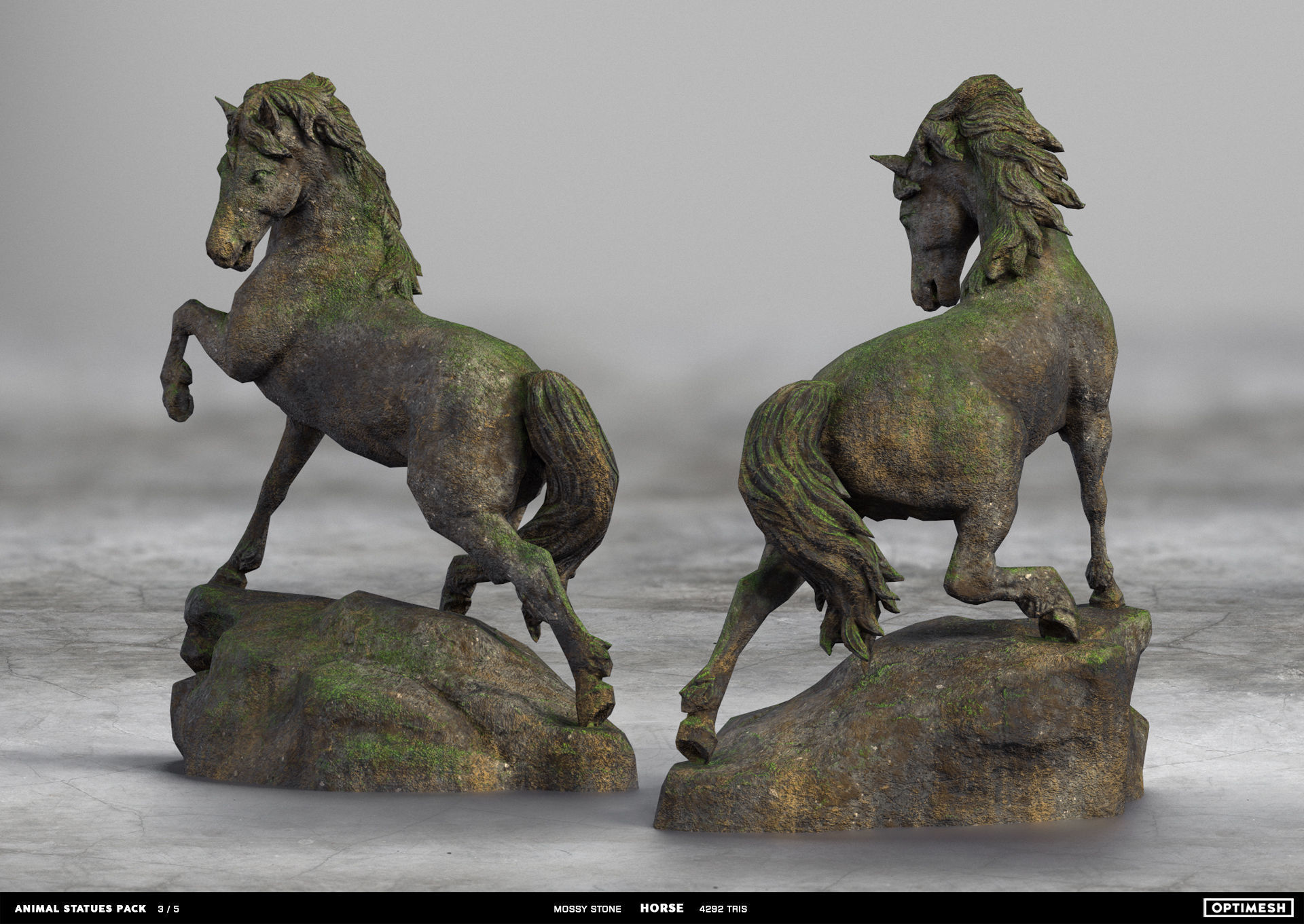 Animal Statues 3D PBR Pack lion puma rhino boar horse Low-poly 3D model_17