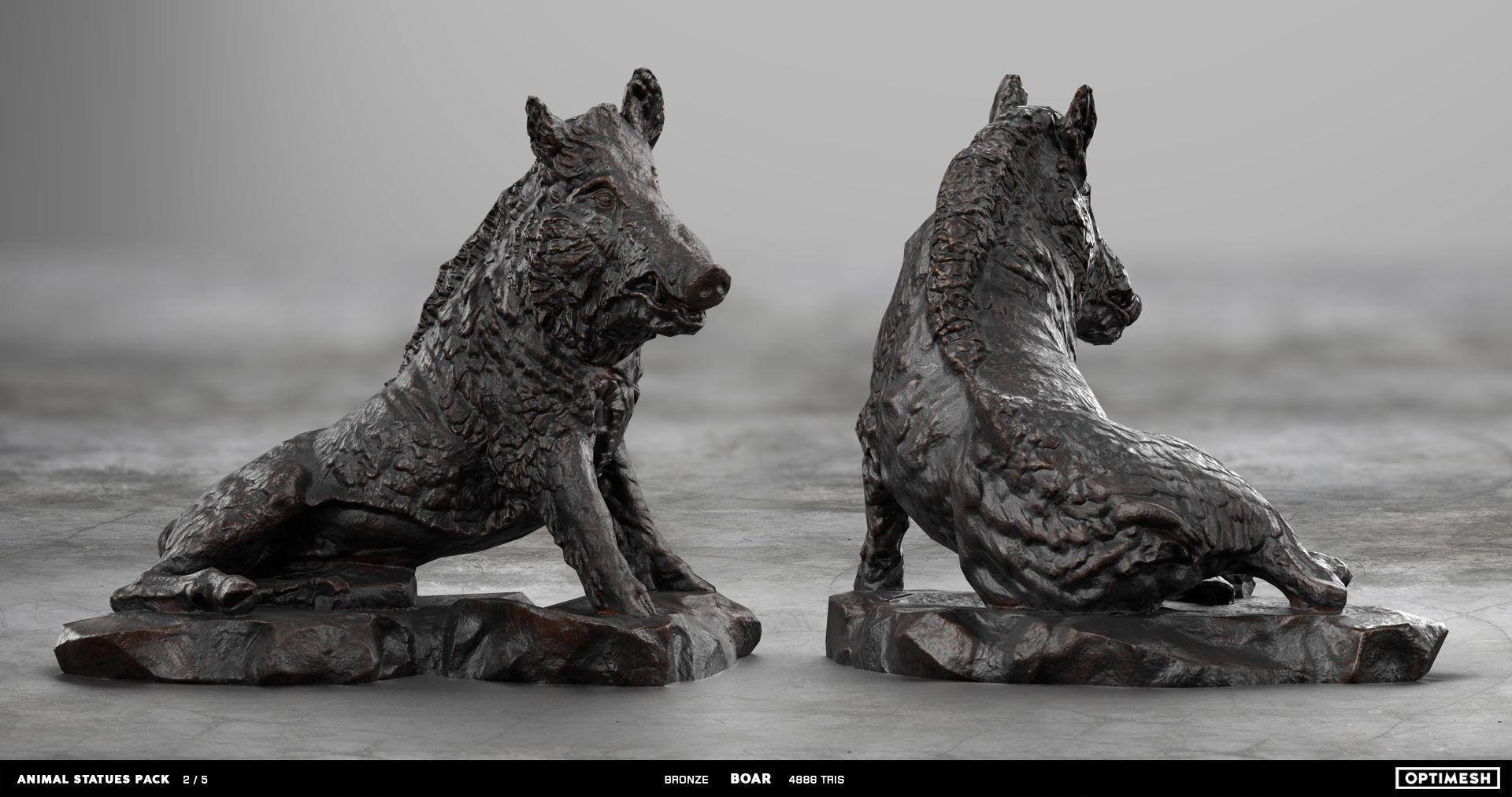 Animal Statues 3D PBR Pack lion puma rhino boar horse Low-poly 3D model_8