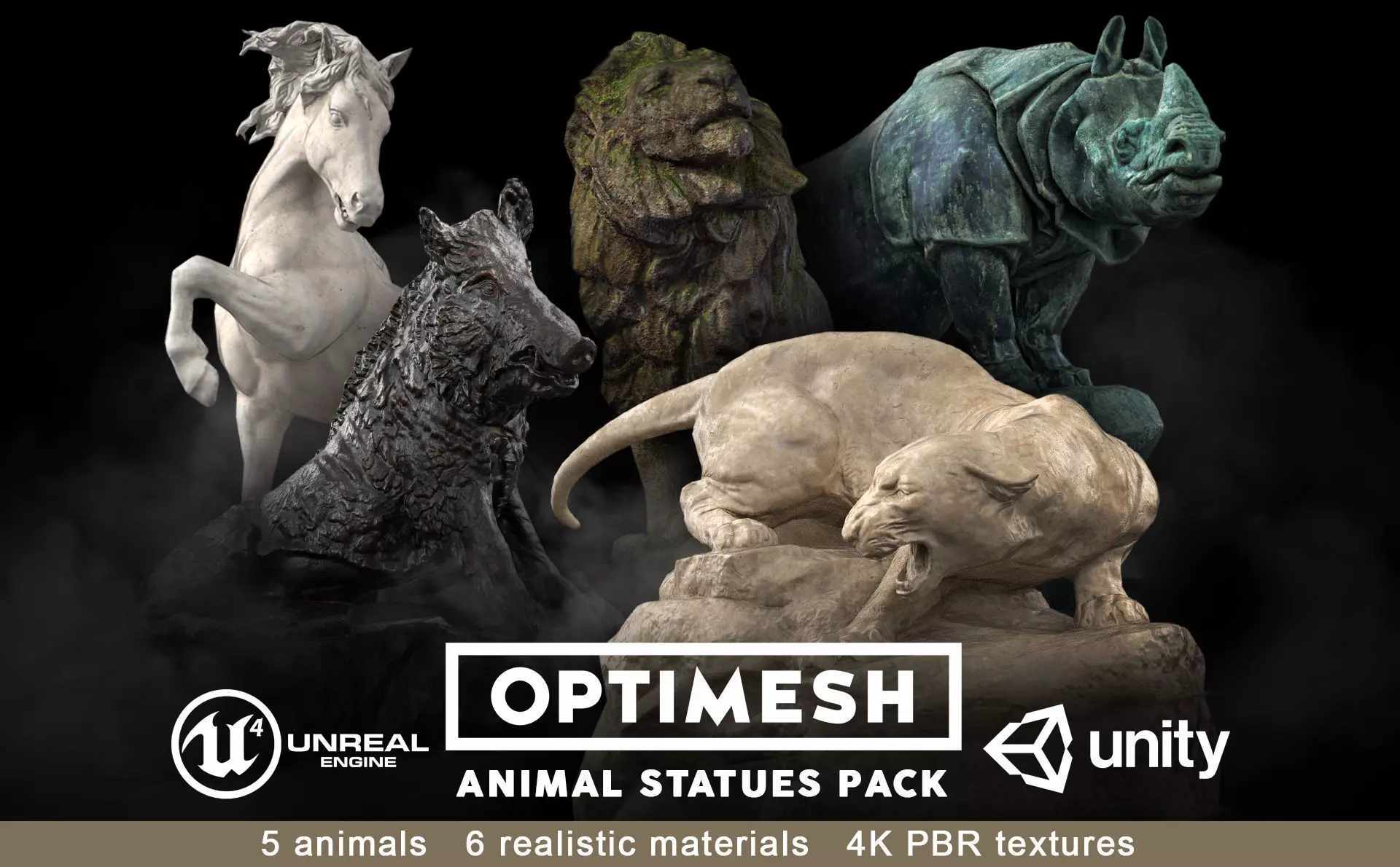 Animal Statues 3D PBR Pack lion puma rhino boar horse Low-poly 3D model_0