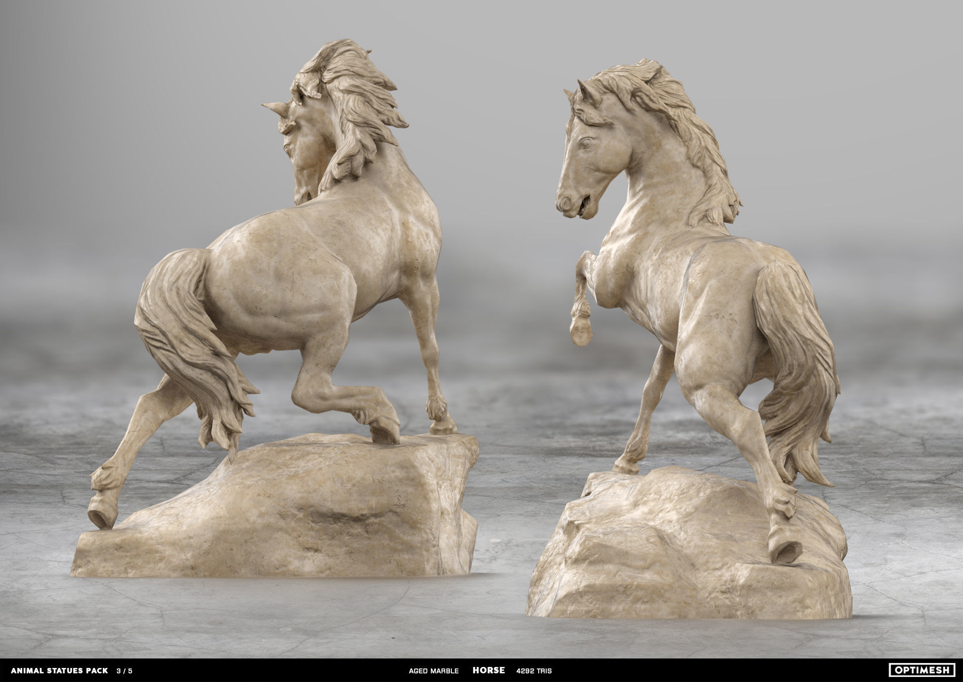Animal Statues 3D PBR Pack lion puma rhino boar horse Low-poly 3D model_15